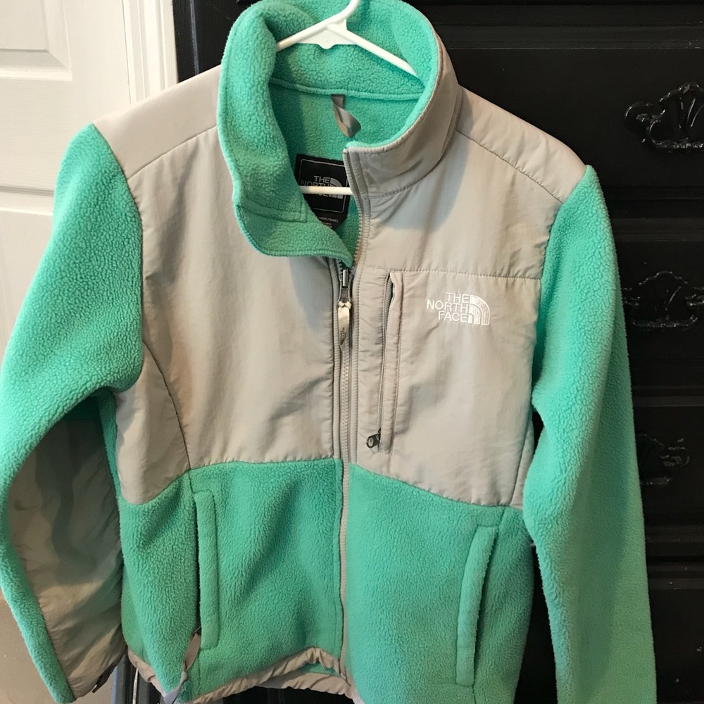 Mint Green and Light Grey North Face Jacket